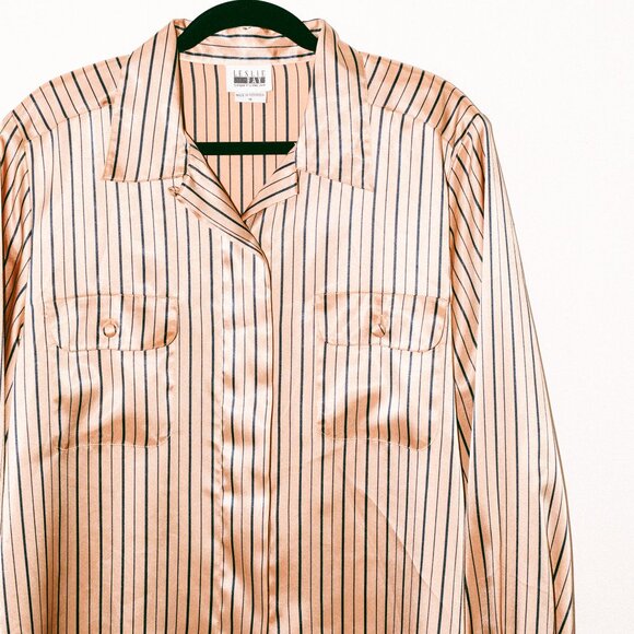 Champagne & Black Striped Satin-Esque Blouse with Chest Pockets - Picture 2 of 6